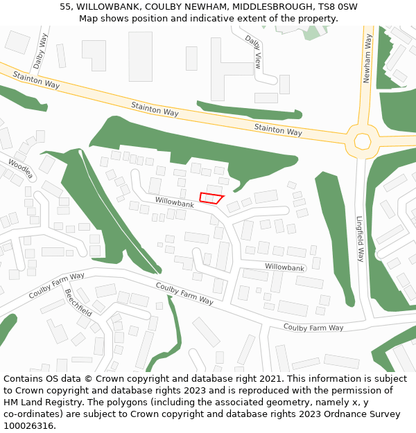 55, WILLOWBANK, COULBY NEWHAM, MIDDLESBROUGH, TS8 0SW: Location map and indicative extent of plot