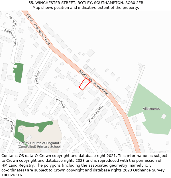 55, WINCHESTER STREET, BOTLEY, SOUTHAMPTON, SO30 2EB: Location map and indicative extent of plot