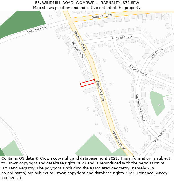 55, WINDMILL ROAD, WOMBWELL, BARNSLEY, S73 8PW: Location map and indicative extent of plot
