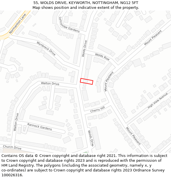 55, WOLDS DRIVE, KEYWORTH, NOTTINGHAM, NG12 5FT: Location map and indicative extent of plot