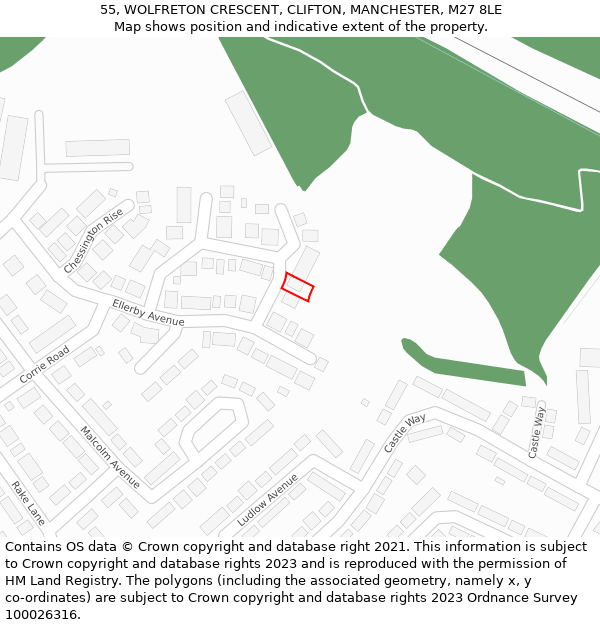55, WOLFRETON CRESCENT, CLIFTON, MANCHESTER, M27 8LE: Location map and indicative extent of plot