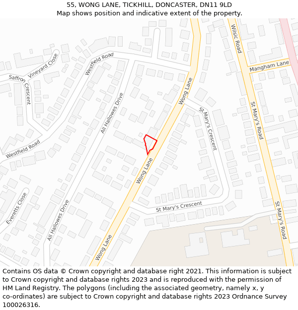 55, WONG LANE, TICKHILL, DONCASTER, DN11 9LD: Location map and indicative extent of plot