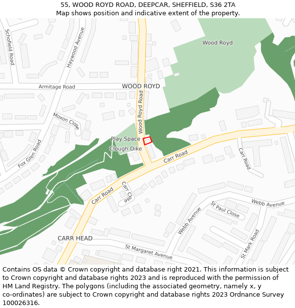 55, WOOD ROYD ROAD, DEEPCAR, SHEFFIELD, S36 2TA: Location map and indicative extent of plot