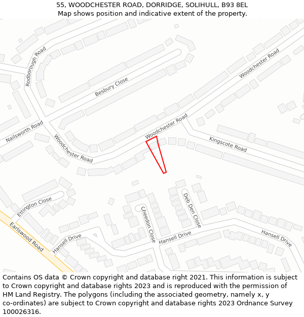 55, WOODCHESTER ROAD, DORRIDGE, SOLIHULL, B93 8EL: Location map and indicative extent of plot