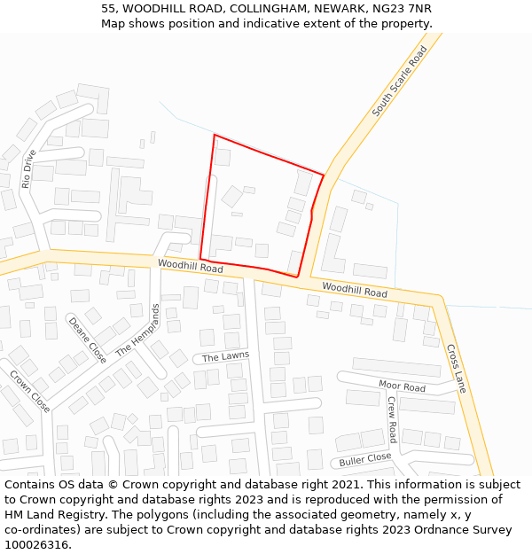 55, WOODHILL ROAD, COLLINGHAM, NEWARK, NG23 7NR: Location map and indicative extent of plot