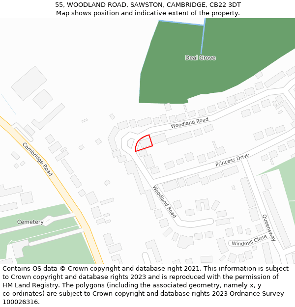 55, WOODLAND ROAD, SAWSTON, CAMBRIDGE, CB22 3DT: Location map and indicative extent of plot