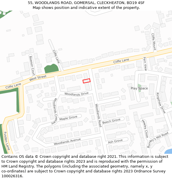 55, WOODLANDS ROAD, GOMERSAL, CLECKHEATON, BD19 4SF: Location map and indicative extent of plot