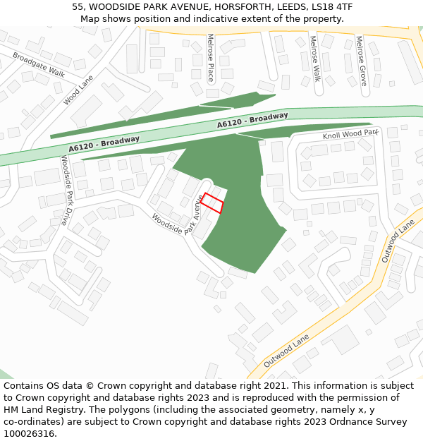 55, WOODSIDE PARK AVENUE, HORSFORTH, LEEDS, LS18 4TF: Location map and indicative extent of plot