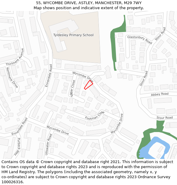 55, WYCOMBE DRIVE, ASTLEY, MANCHESTER, M29 7WY: Location map and indicative extent of plot