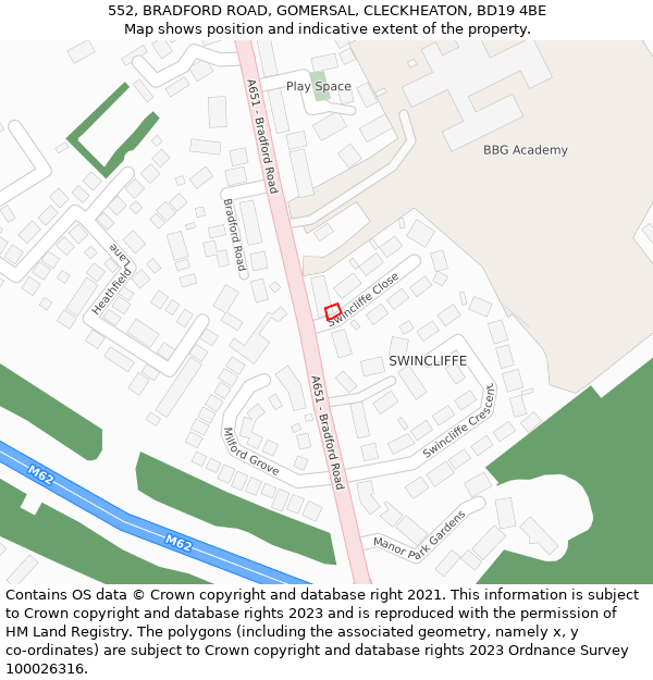 552, BRADFORD ROAD, GOMERSAL, CLECKHEATON, BD19 4BE: Location map and indicative extent of plot