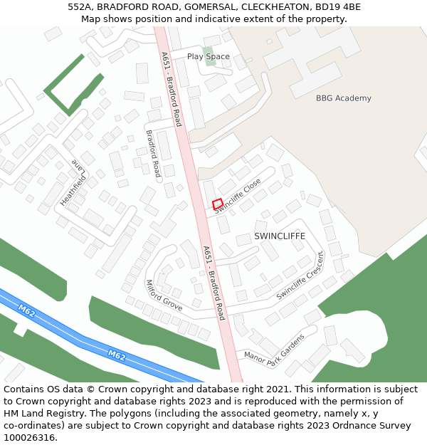 552A, BRADFORD ROAD, GOMERSAL, CLECKHEATON, BD19 4BE: Location map and indicative extent of plot
