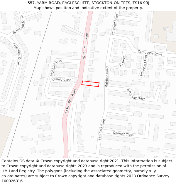 557, YARM ROAD, EAGLESCLIFFE, STOCKTON-ON-TEES, TS16 9BJ: Location map and indicative extent of plot