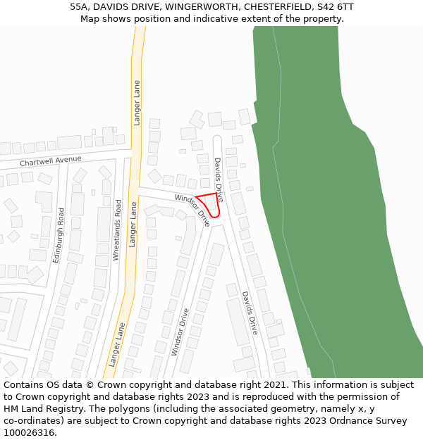 55A, DAVIDS DRIVE, WINGERWORTH, CHESTERFIELD, S42 6TT: Location map and indicative extent of plot