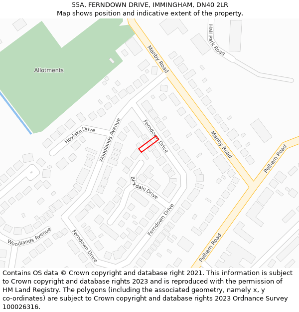 55A, FERNDOWN DRIVE, IMMINGHAM, DN40 2LR: Location map and indicative extent of plot