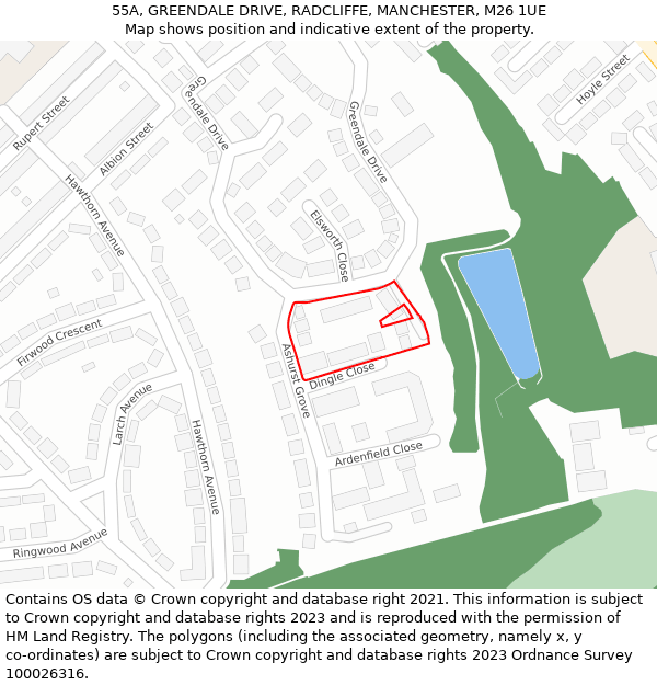 55A, GREENDALE DRIVE, RADCLIFFE, MANCHESTER, M26 1UE: Location map and indicative extent of plot