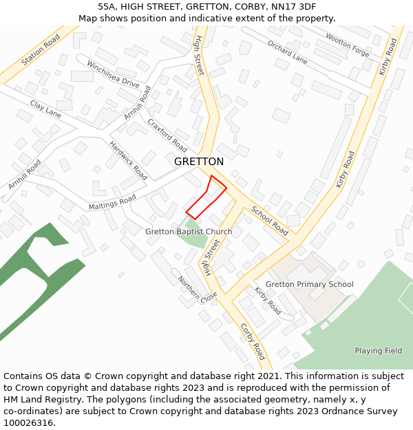 55A, HIGH STREET, GRETTON, CORBY, NN17 3DF: Location map and indicative extent of plot
