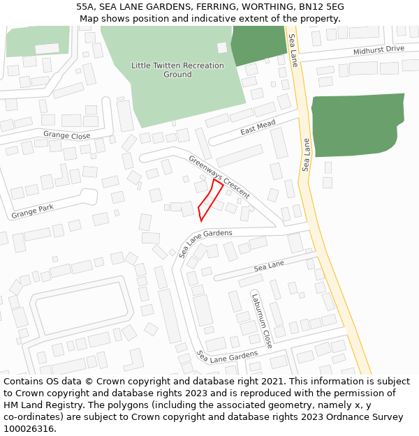 55A, SEA LANE GARDENS, FERRING, WORTHING, BN12 5EG: Location map and indicative extent of plot