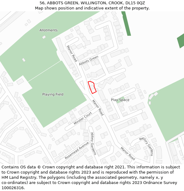 56, ABBOTS GREEN, WILLINGTON, CROOK, DL15 0QZ: Location map and indicative extent of plot