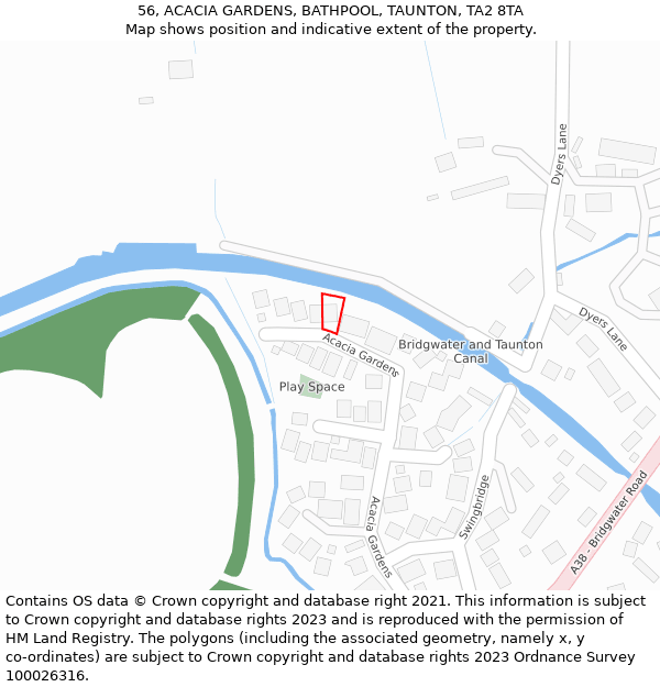 56, ACACIA GARDENS, BATHPOOL, TAUNTON, TA2 8TA: Location map and indicative extent of plot