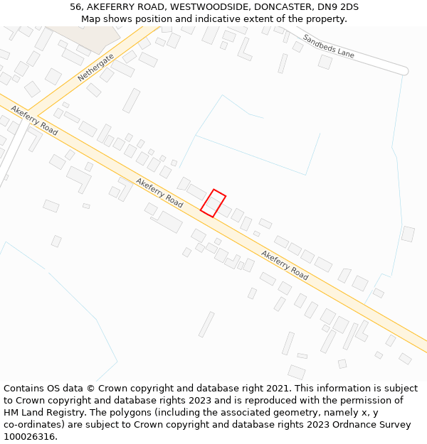 56, AKEFERRY ROAD, WESTWOODSIDE, DONCASTER, DN9 2DS: Location map and indicative extent of plot