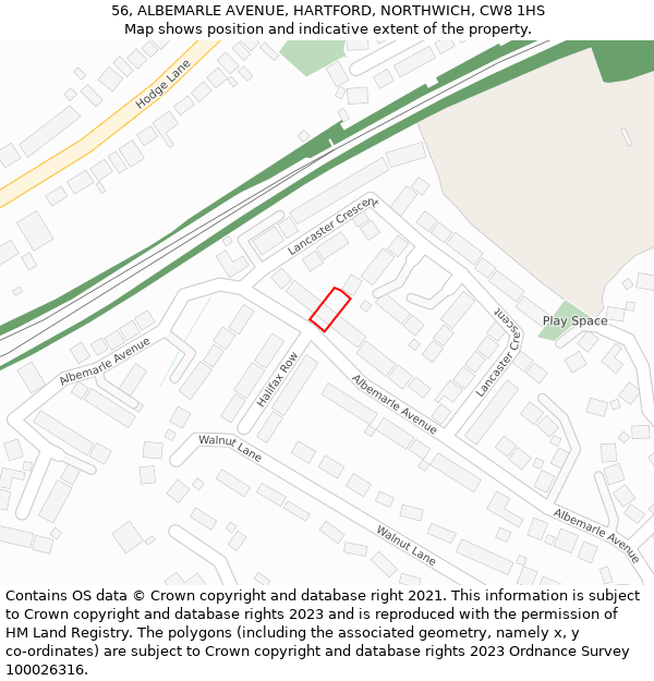 56, ALBEMARLE AVENUE, HARTFORD, NORTHWICH, CW8 1HS: Location map and indicative extent of plot