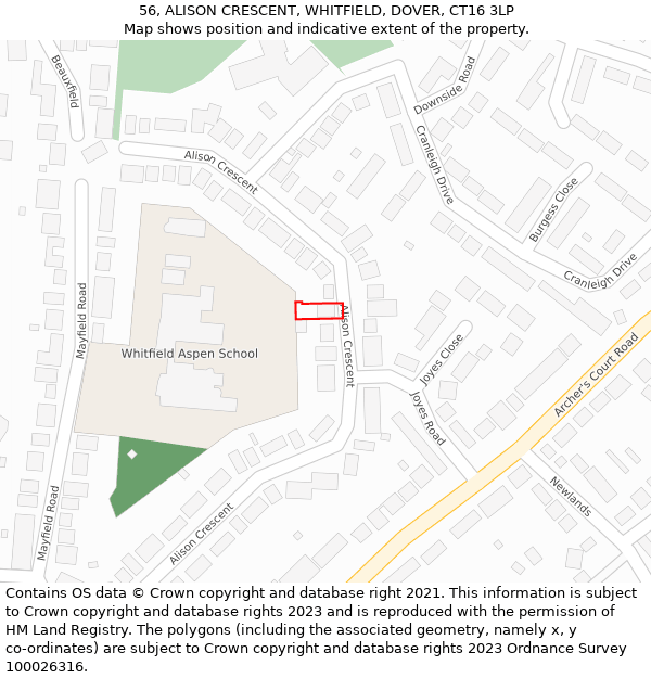 56, ALISON CRESCENT, WHITFIELD, DOVER, CT16 3LP: Location map and indicative extent of plot