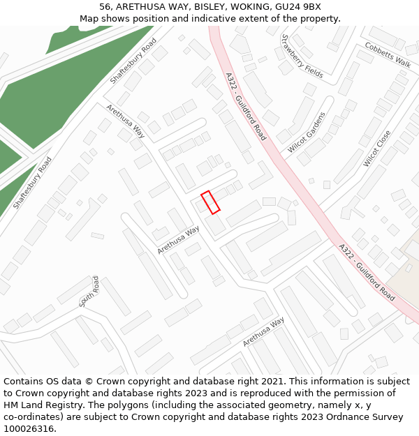 56, ARETHUSA WAY, BISLEY, WOKING, GU24 9BX: Location map and indicative extent of plot