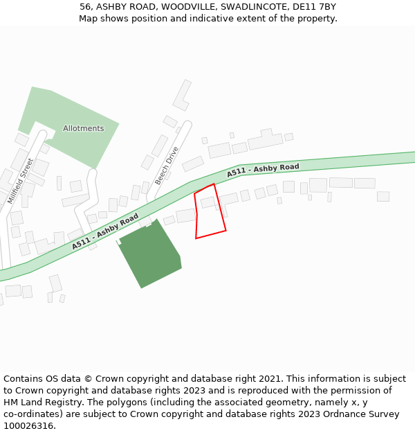 56, ASHBY ROAD, WOODVILLE, SWADLINCOTE, DE11 7BY: Location map and indicative extent of plot