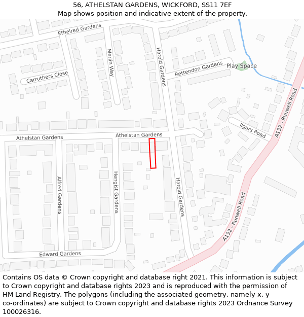 56, ATHELSTAN GARDENS, WICKFORD, SS11 7EF: Location map and indicative extent of plot