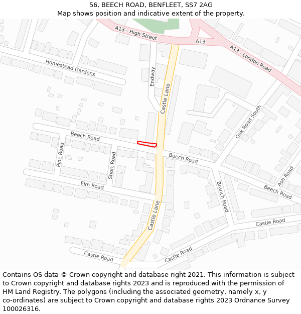 56, BEECH ROAD, BENFLEET, SS7 2AG: Location map and indicative extent of plot