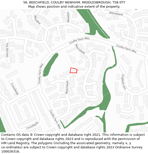 56, BEECHFIELD, COULBY NEWHAM, MIDDLESBROUGH, TS8 0TY: Location map and indicative extent of plot