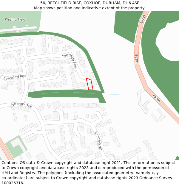 56, BEECHFIELD RISE, COXHOE, DURHAM, DH6 4SB: Location map and indicative extent of plot