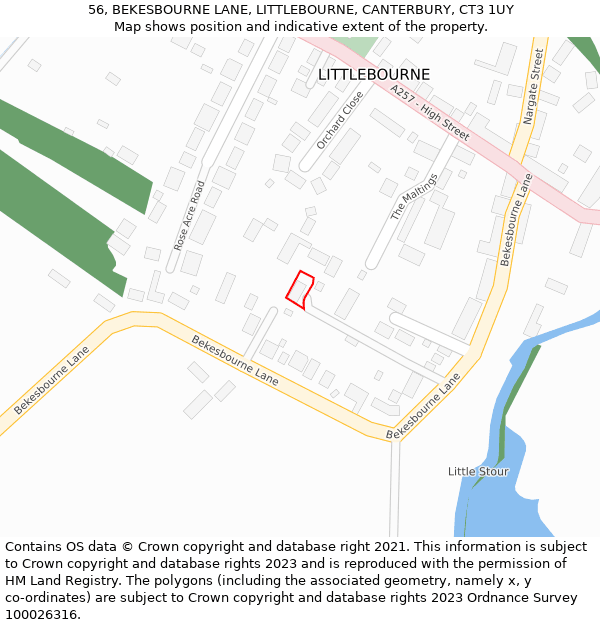 56, BEKESBOURNE LANE, LITTLEBOURNE, CANTERBURY, CT3 1UY: Location map and indicative extent of plot