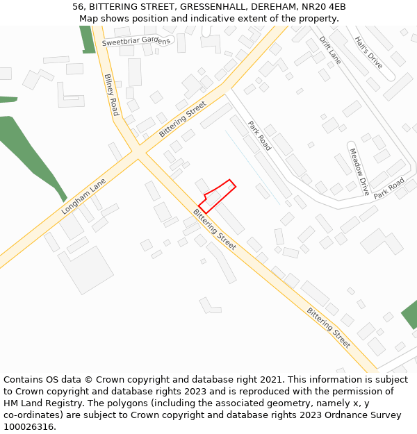 56, BITTERING STREET, GRESSENHALL, DEREHAM, NR20 4EB: Location map and indicative extent of plot