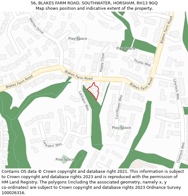 56, BLAKES FARM ROAD, SOUTHWATER, HORSHAM, RH13 9GQ: Location map and indicative extent of plot