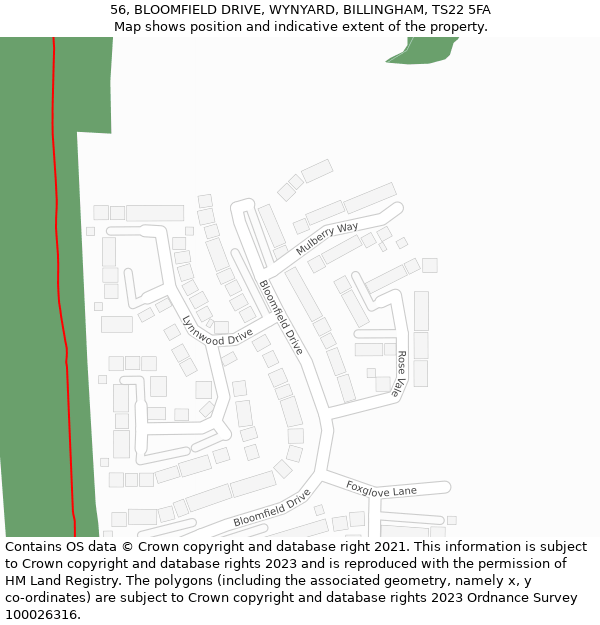 56, BLOOMFIELD DRIVE, WYNYARD, BILLINGHAM, TS22 5FA: Location map and indicative extent of plot