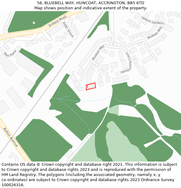 56, BLUEBELL WAY, HUNCOAT, ACCRINGTON, BB5 6TD: Location map and indicative extent of plot