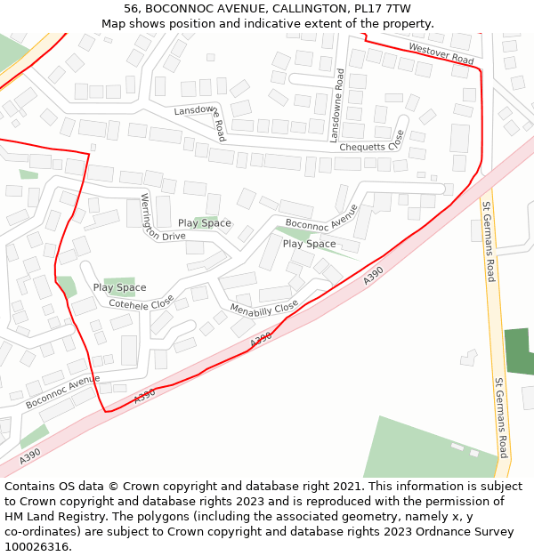 56, BOCONNOC AVENUE, CALLINGTON, PL17 7TW: Location map and indicative extent of plot