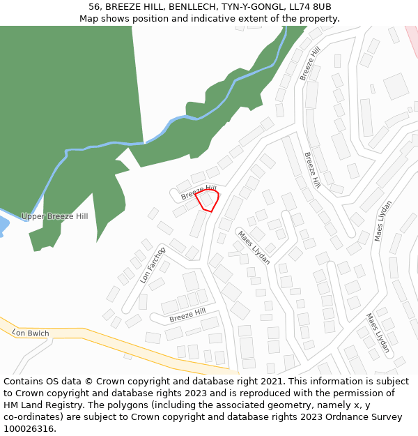 56, BREEZE HILL, BENLLECH, TYN-Y-GONGL, LL74 8UB: Location map and indicative extent of plot