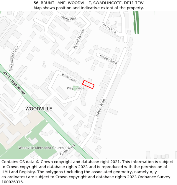 56, BRUNT LANE, WOODVILLE, SWADLINCOTE, DE11 7EW: Location map and indicative extent of plot