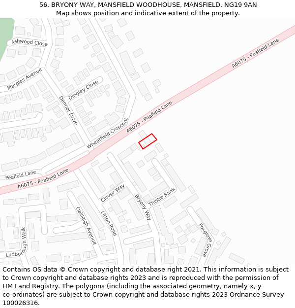 56, BRYONY WAY, MANSFIELD WOODHOUSE, MANSFIELD, NG19 9AN: Location map and indicative extent of plot