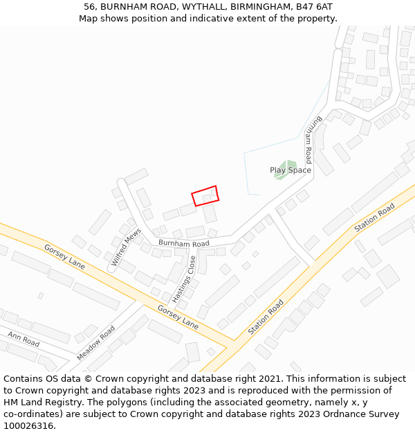 56, BURNHAM ROAD, WYTHALL, BIRMINGHAM, B47 6AT: Location map and indicative extent of plot