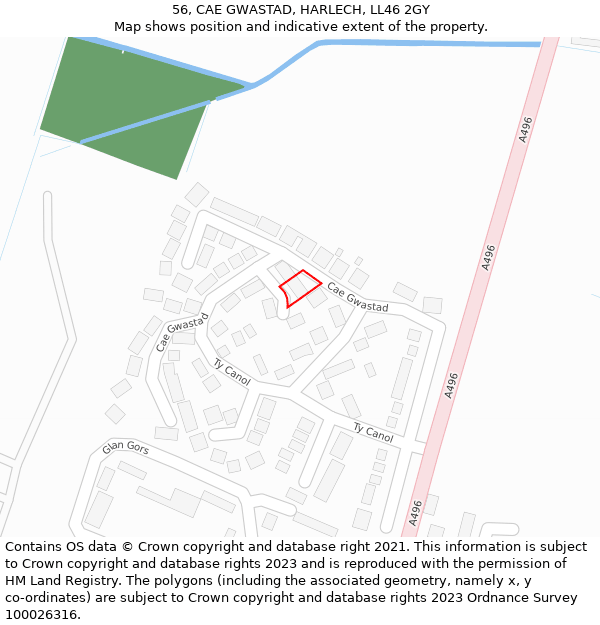 56, CAE GWASTAD, HARLECH, LL46 2GY: Location map and indicative extent of plot