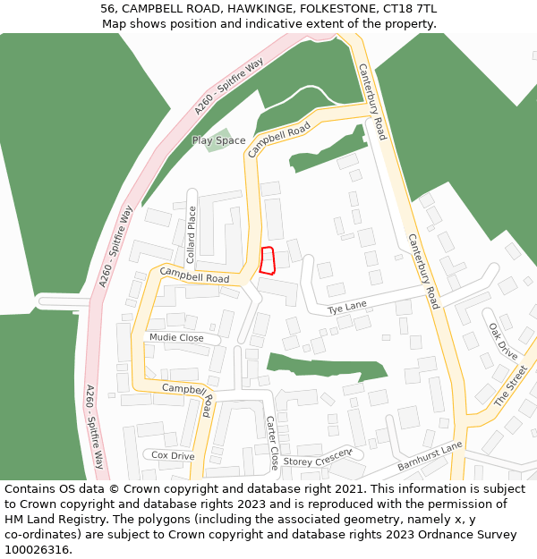 56, CAMPBELL ROAD, HAWKINGE, FOLKESTONE, CT18 7TL: Location map and indicative extent of plot