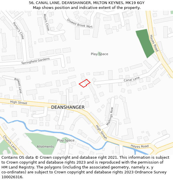 56, CANAL LANE, DEANSHANGER, MILTON KEYNES, MK19 6GY: Location map and indicative extent of plot