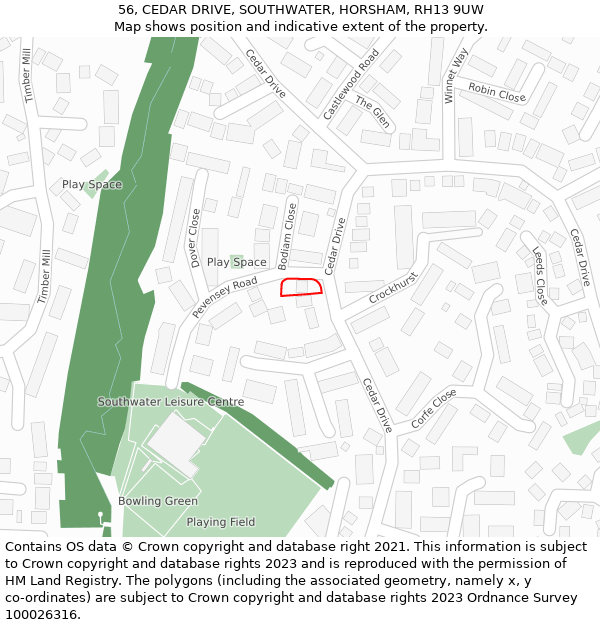 56, CEDAR DRIVE, SOUTHWATER, HORSHAM, RH13 9UW: Location map and indicative extent of plot