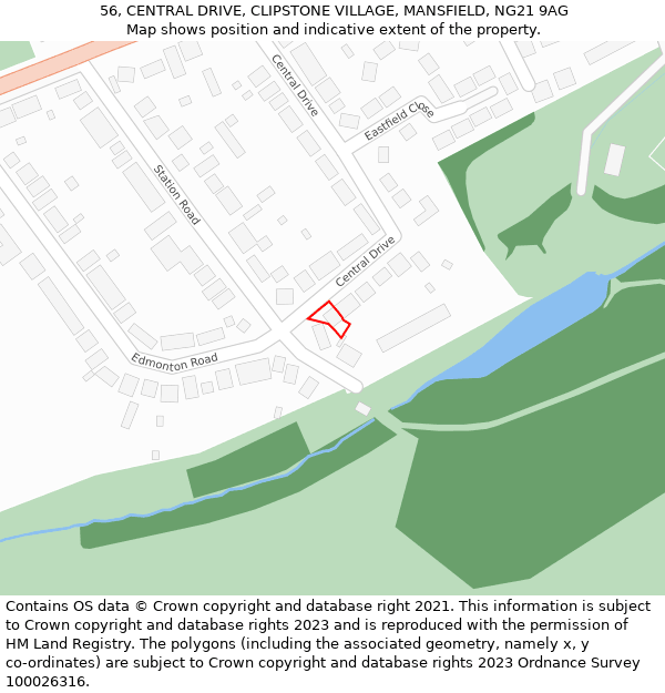56, CENTRAL DRIVE, CLIPSTONE VILLAGE, MANSFIELD, NG21 9AG: Location map and indicative extent of plot