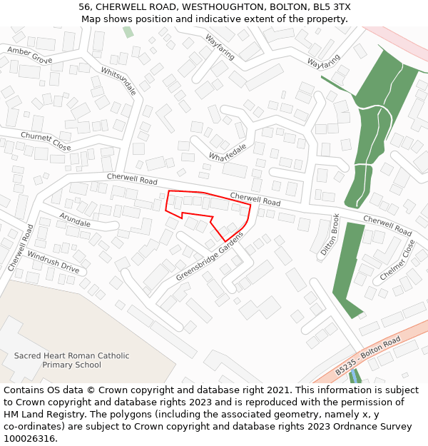 56, CHERWELL ROAD, WESTHOUGHTON, BOLTON, BL5 3TX: Location map and indicative extent of plot