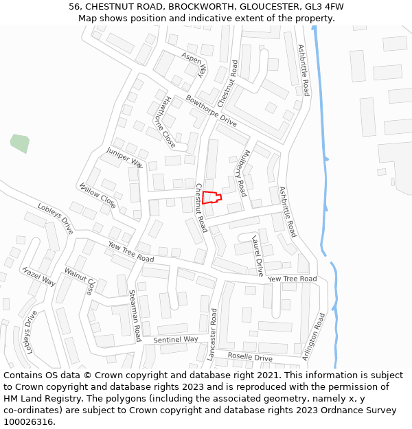 56, CHESTNUT ROAD, BROCKWORTH, GLOUCESTER, GL3 4FW: Location map and indicative extent of plot