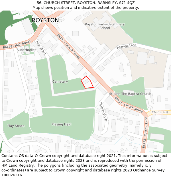 56, CHURCH STREET, ROYSTON, BARNSLEY, S71 4QZ: Location map and indicative extent of plot